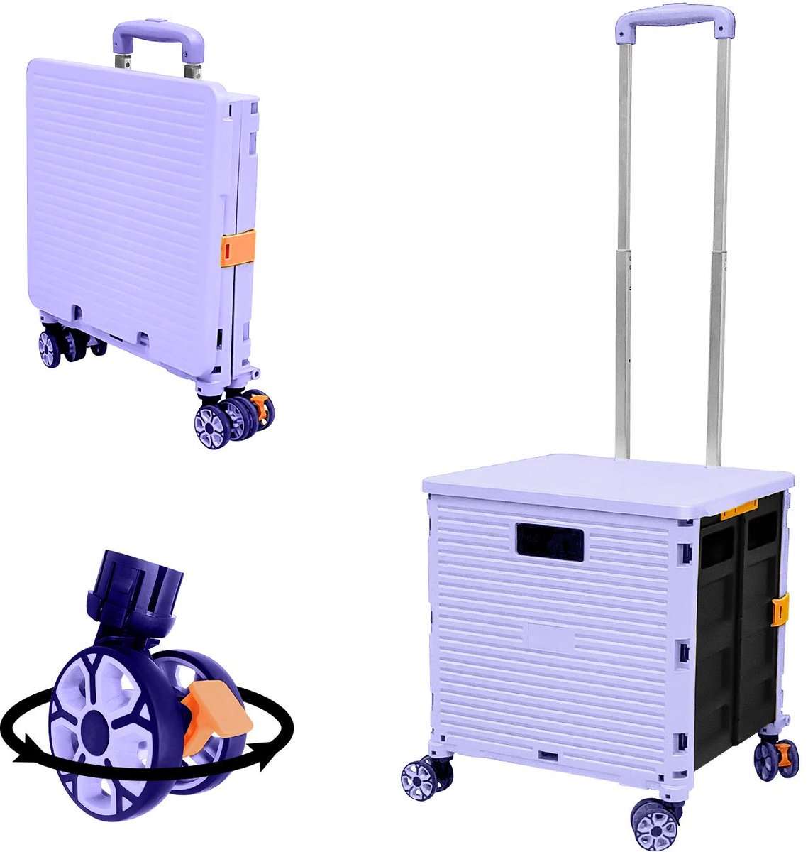 SnelShoppen - Opvouwbare winkelwagen 54 l/45 kg - Hoge capaciteit multifunctionele draagbare gebruikswagen met telescoopstang en 4 demonteerbare draai