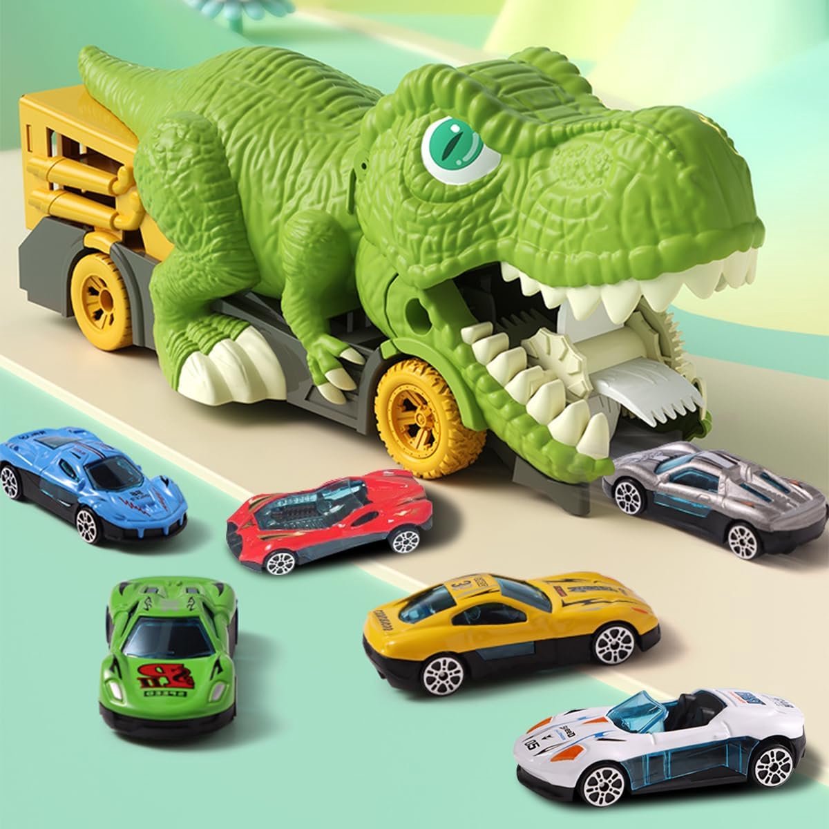 SnelShoppen - Dinosaurus Speelgoed Vrachtwagen voor Kinderen 3-5 Jaar met 6 Mini Auto's en Dinosaurus - Perfect Cadeau voor Jongens en Meisjes - Speel