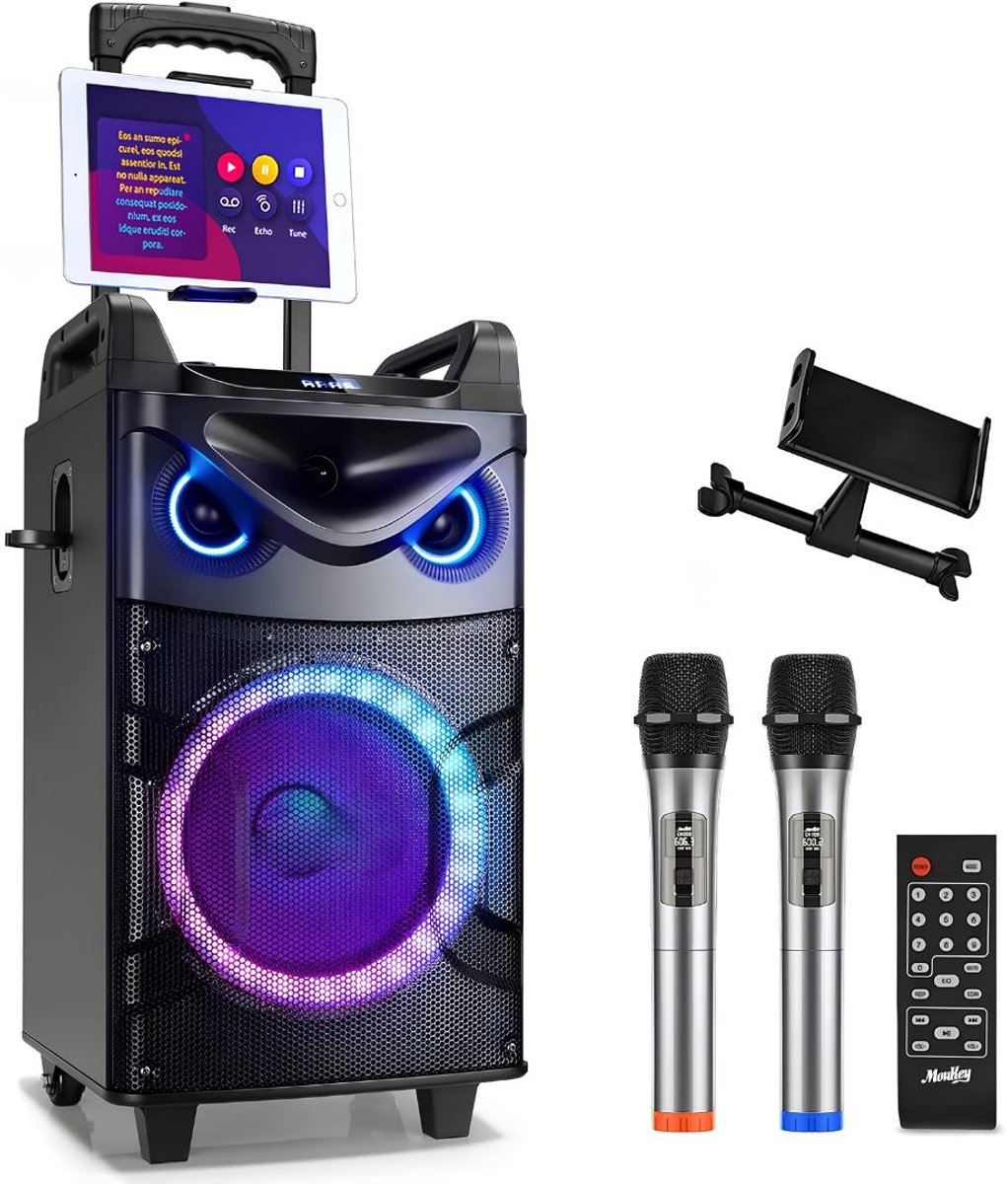 SP® Karaokeset - Draagbare Bluetooth Speaker met 2 Draadloze Microfoons - Feestverlichting - Zwart - 32cm x 30cm x 58cm