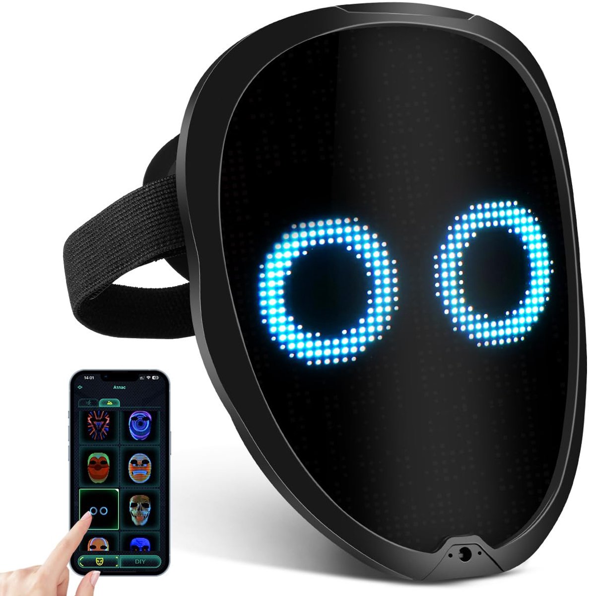 SnelShoppen - LED-Oplichtend Gezichtsmasker, Oplaadbaar Masker met Gebaardetectie, Gezichtstransformerende Modi, Glanzend Masker, App-Bediening voor i