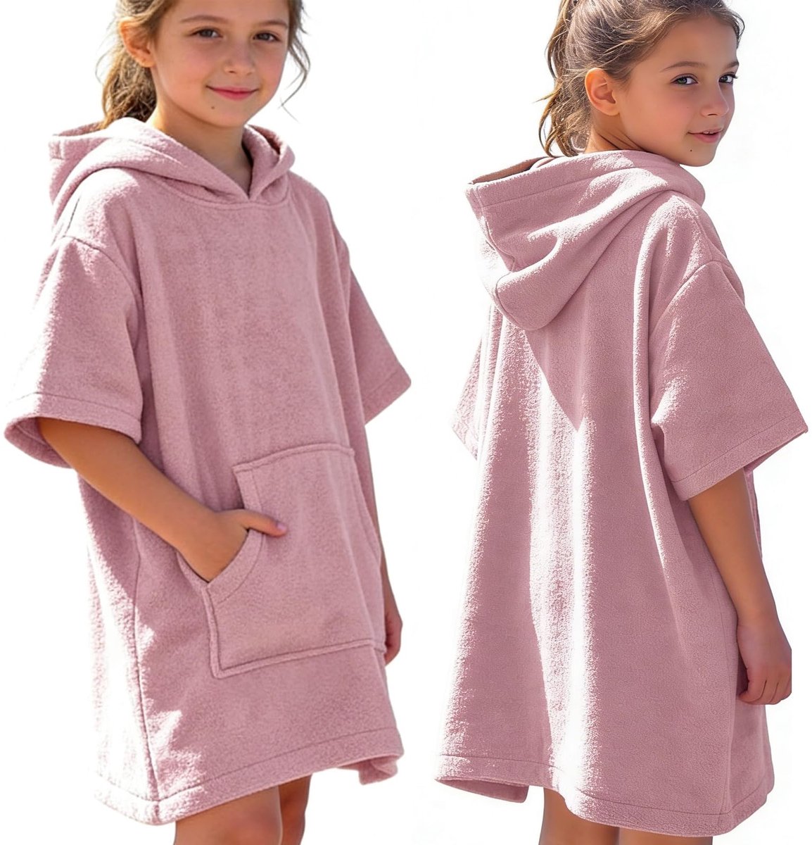 SnelShoppen - InfiniZer Badponcho Kinderen 100% Katoen - Absorberende Badjas met Capuchon en Zak - Sneldrogend Strandlaken & Surfponcho voor Meisjes e