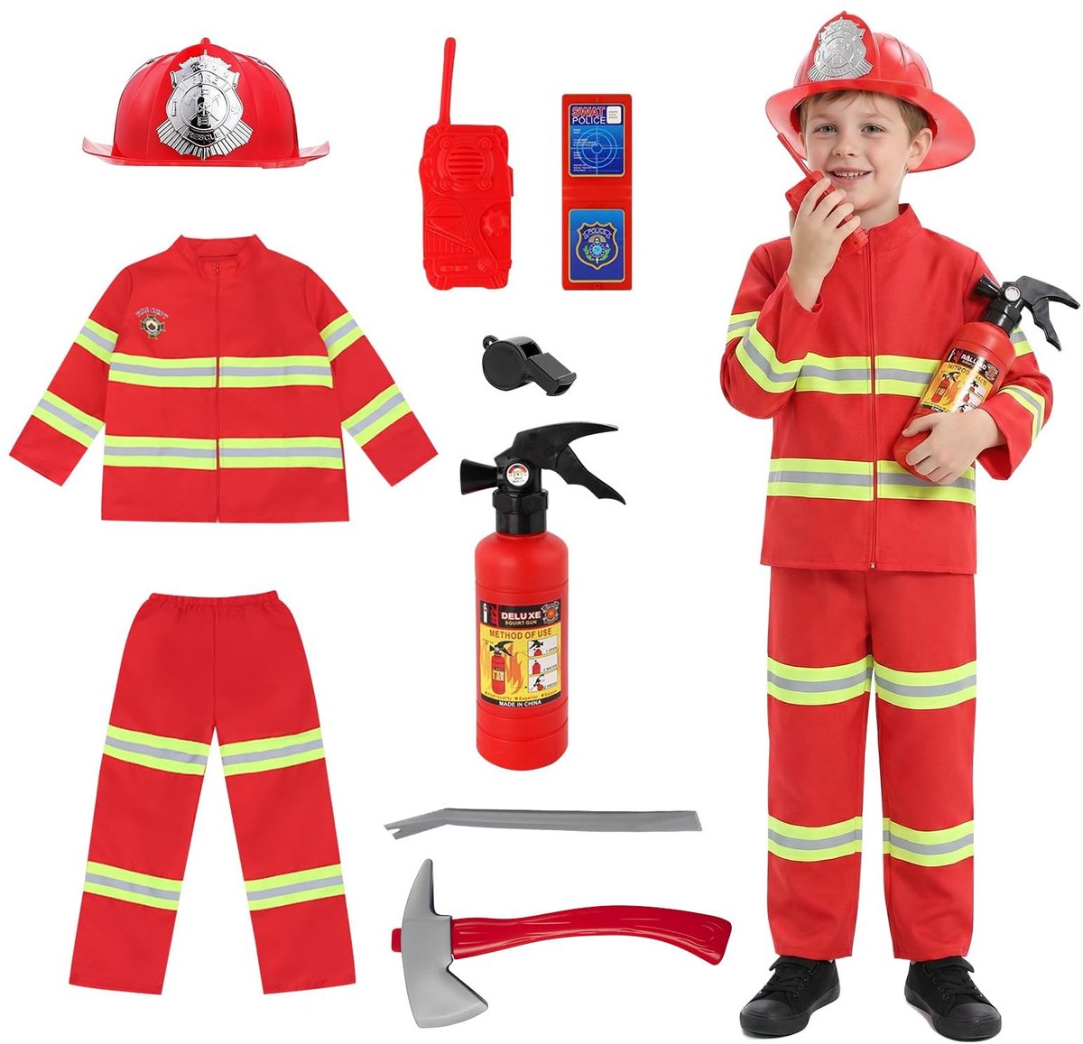 SnelShoppen - Brandweerman kostuum voor kinderen, cosplay rollenspel outfit, brandweer outfit kinderen 3 jaar, Halloween, carnaval, jongens, speelgoed