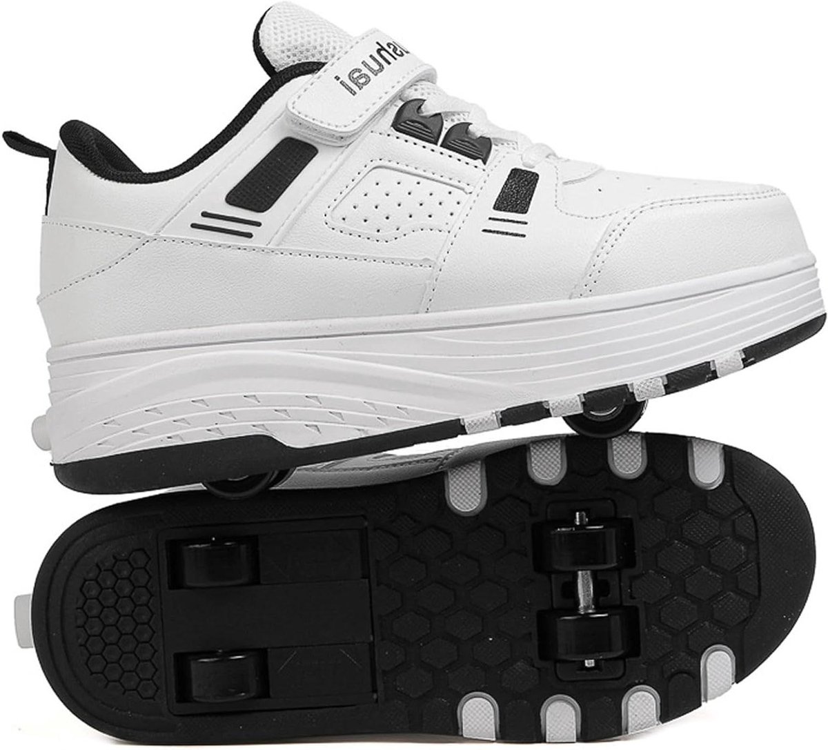 Rolschoenen Kinderen - Schoenen met Wielen - Straatspellen - Afneembare Wielen - Maat 31-42 - Wit Zwart