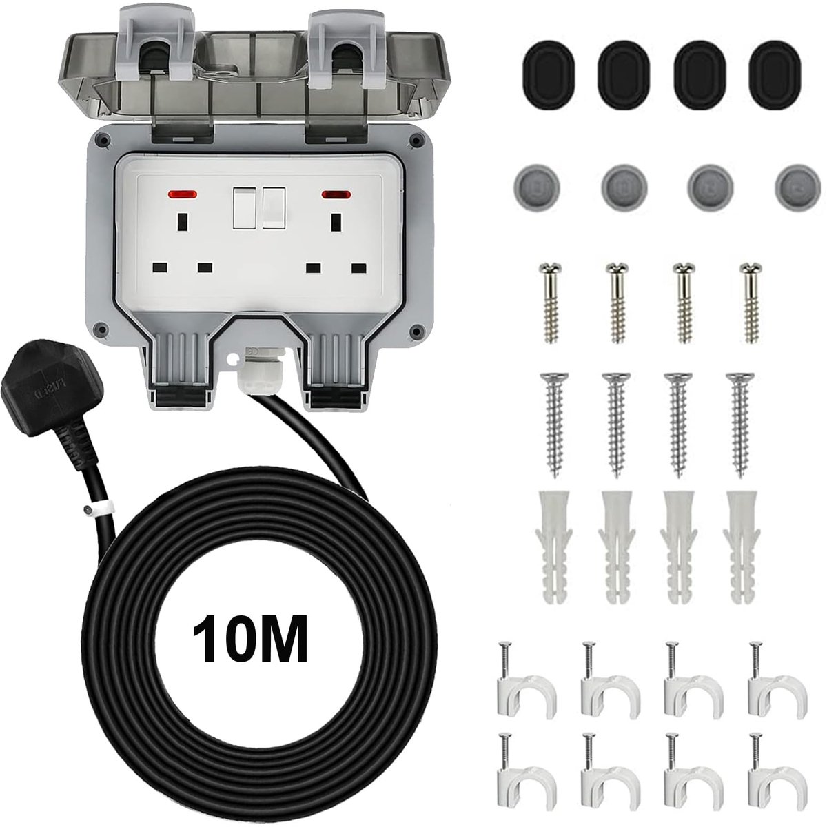 SnelShoppen - Dubbele socket met 10 m verlengsnoer - Weerbestendige buitenstopcontacten voor tuin, camping, feest, 2 Gang Storm Switched stekkers