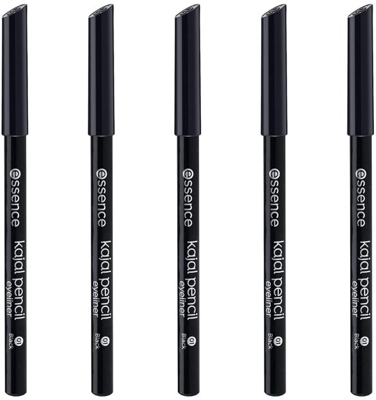 Vijf zwarte essence Kajal Pencil eyeliners op een rij.