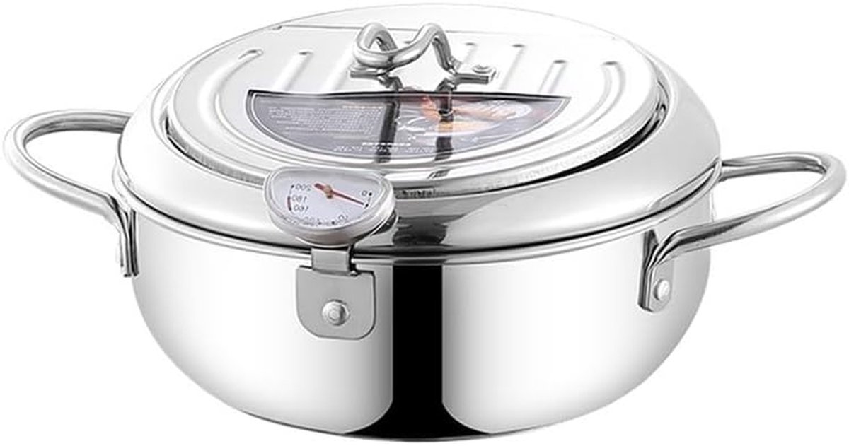 Frituurpan Roestvrij Staal - Friteuse Pot - Frituren Thuis - Met Ingebouwde Thermometer - 2.2L of 3.2L - Zilver
