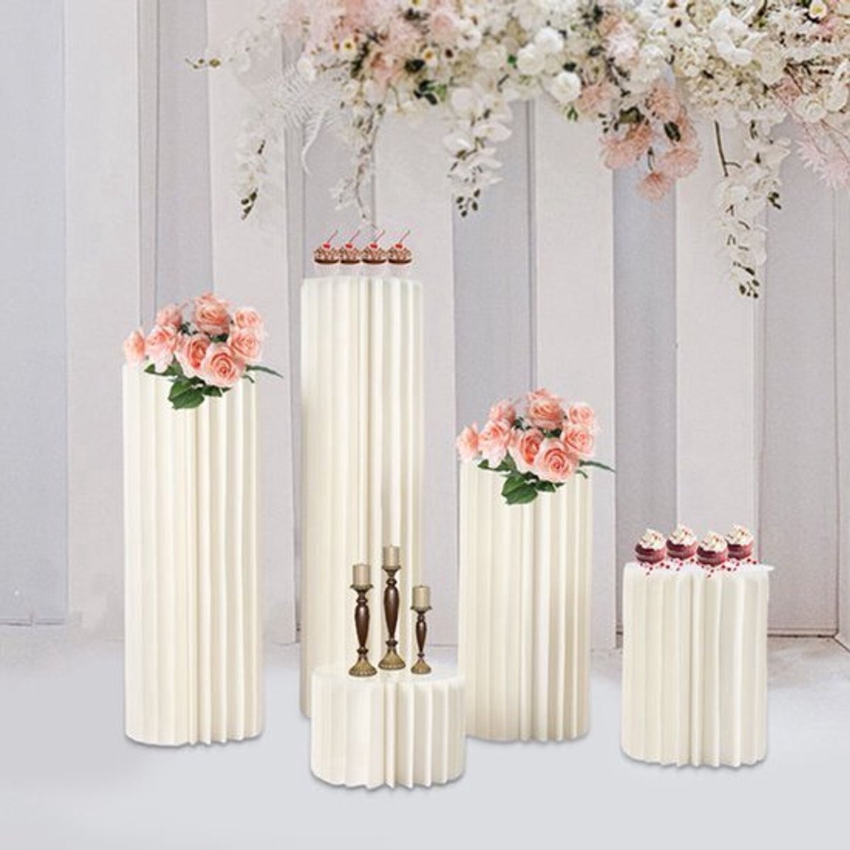 Tafeldecoratie – Bloemendisplays – Tafelstukken – Bruiloftdecoratie – Feestdecoratie – Set van 5 – Stevig Honingraatkarton – Verschillende Hoogtes 20-100 cm