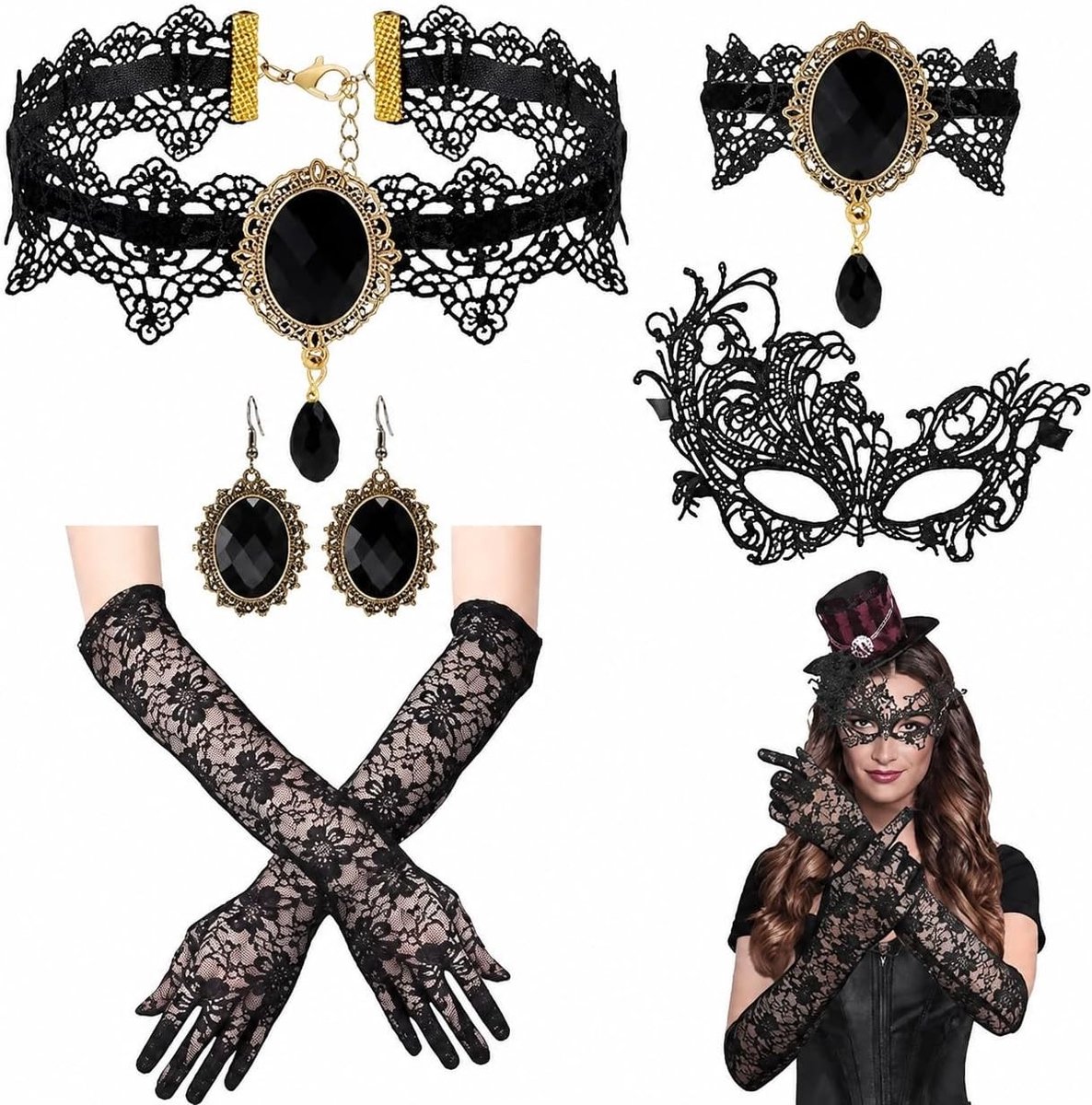 Zwarte Gothic Kostuum voor Dames, 6-delig Halloween Outfit met Kanten Handschoenen, Masker en Choker voor Feest, Carnaval en Cosplay