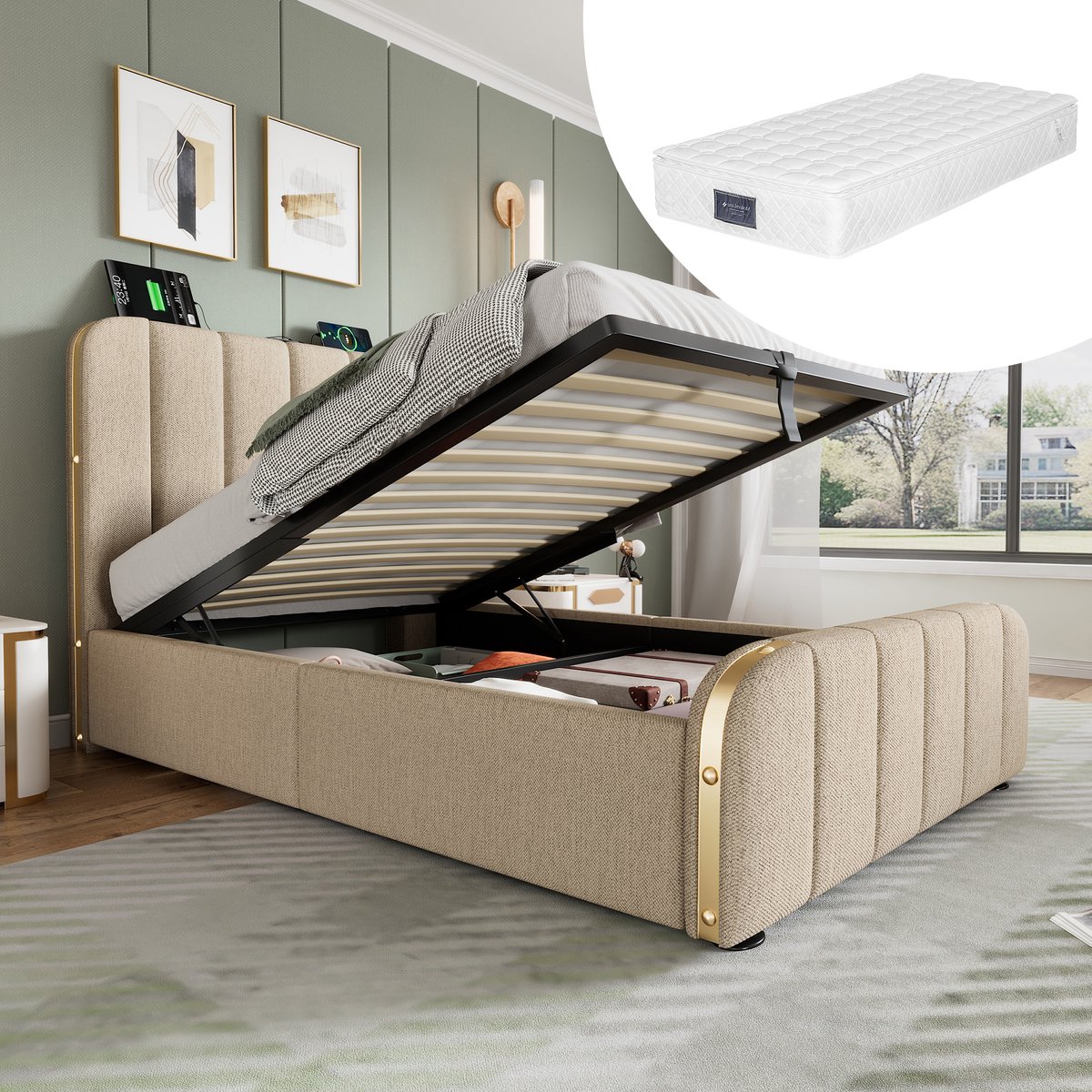 Bedframe - 90x200 Cm - Bed - Met Lattenbodem - Met Opbergruimte - USB C - Beige - Met Matras