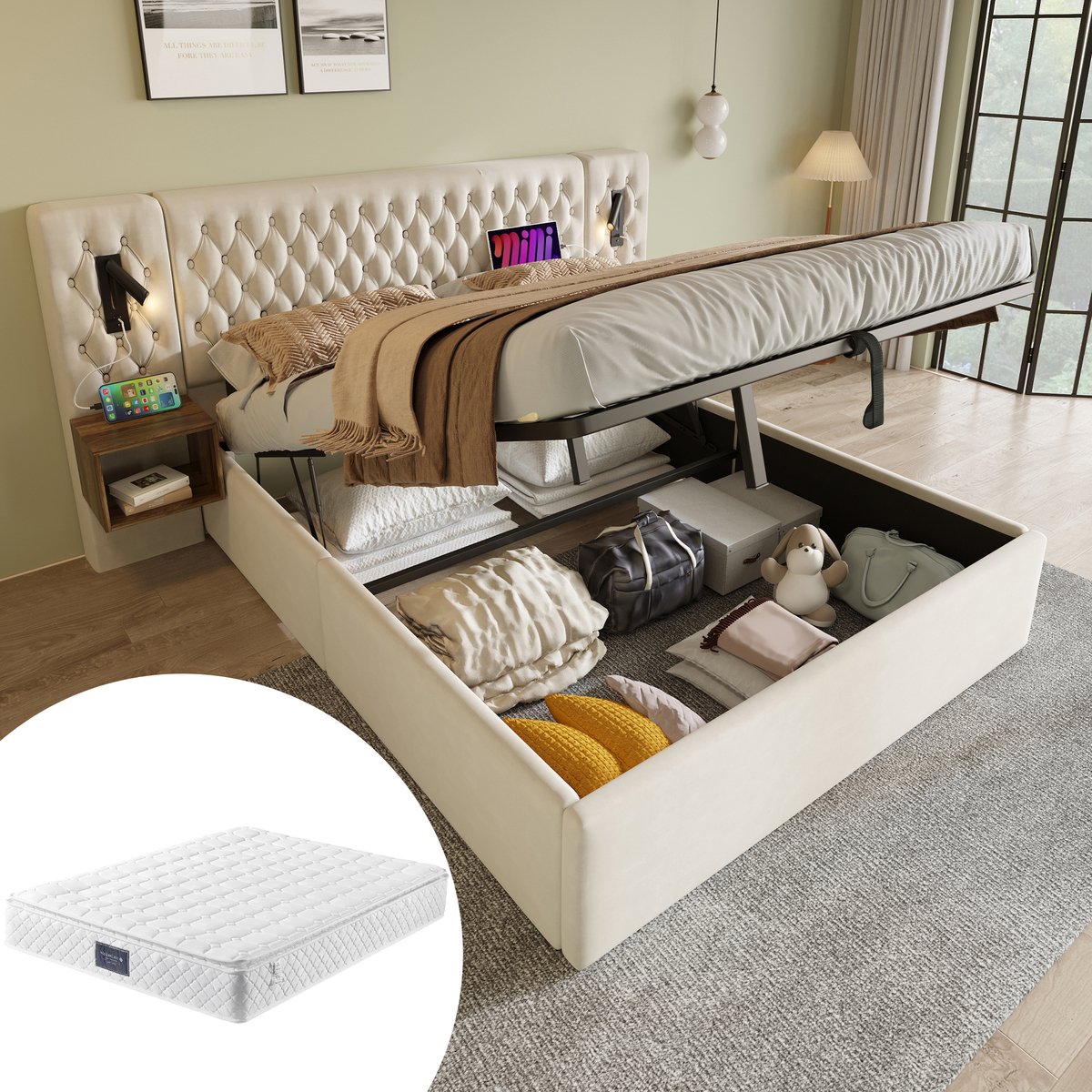Bedframe - 160x200 Cm - Bed - Met Lattenbodem - Met Opbergruimte - LED - USB C - Beige - Met Matras