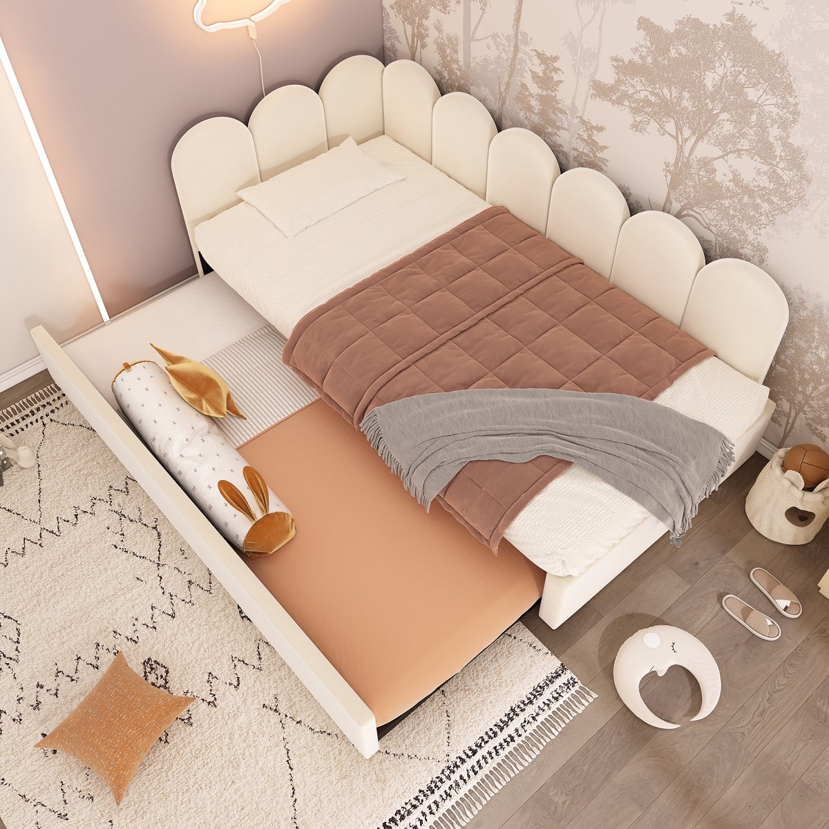Bedbank - 90x200 Cm - Bed - Met Lattenbodem - Met Opbergruimte - Beige - Zonder Matras