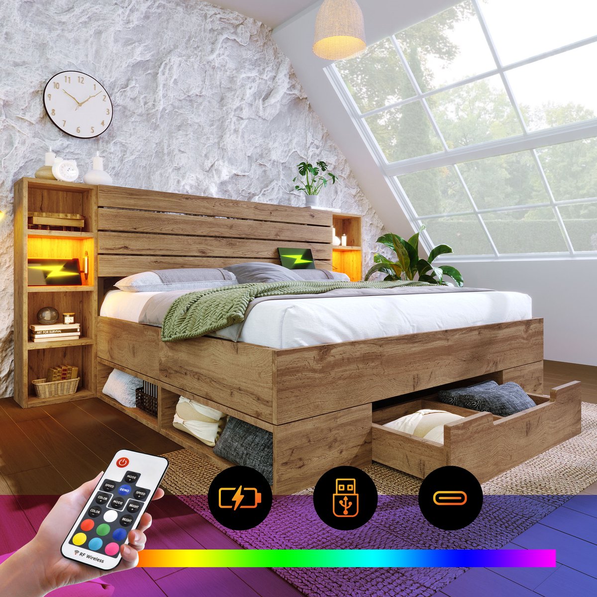 Bedframe - 160x200 Cm - Bed - Met Opbergruimte - LED - USB C - Eiken - Zonder Matras