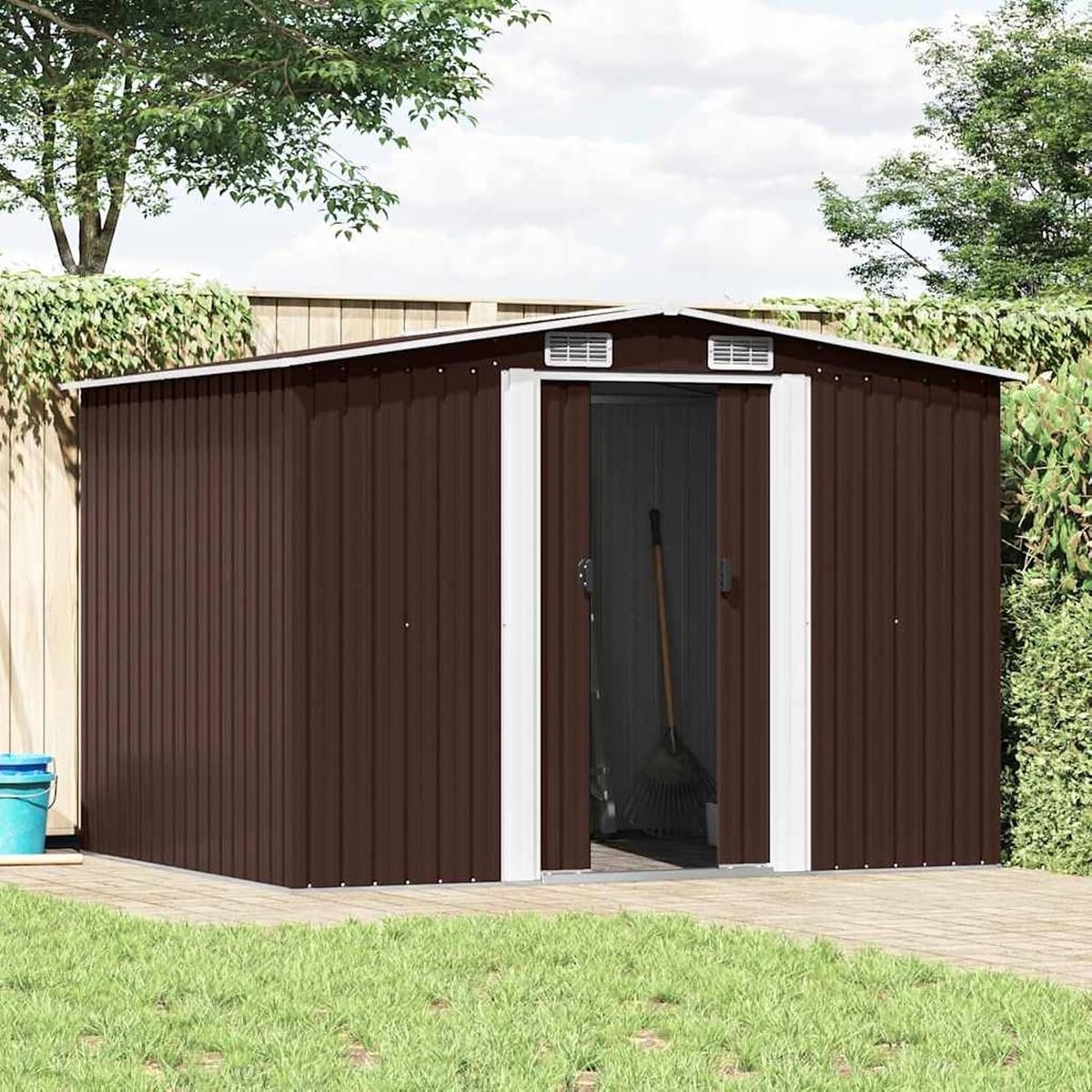 47031 Gereedschapsschuur bruin, 257 x 205 x 178 cm, staal, weerbestendig, tuinschuur, groot volume voor grasmaaiers, meubels, campingaccessoires