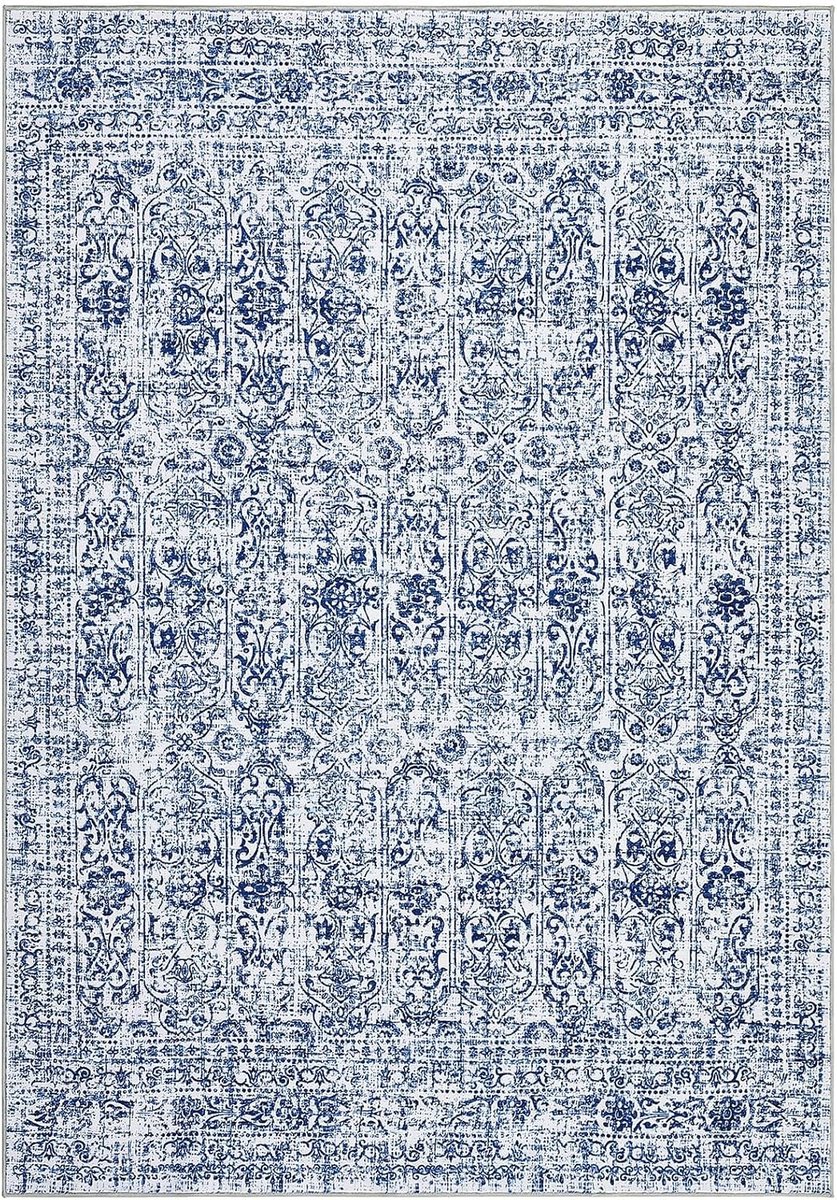 Oosters Vintage Vloerkleed - Wasbaar Antislip Kortpolig Bloemmotief - Blauw - 200x290 cm