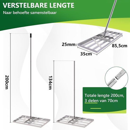 Gazonhark 85 x 35 cm Verstelbare Steel 200cm Verdikt V2A Roestvrijstaa - Gazonrakel voor Snel Egaliseren van Gazon, Tuin, Zand, Grond en Golfbaan - Robuust, Antislip en Belastbaar tot 80kg — afbeelding 3