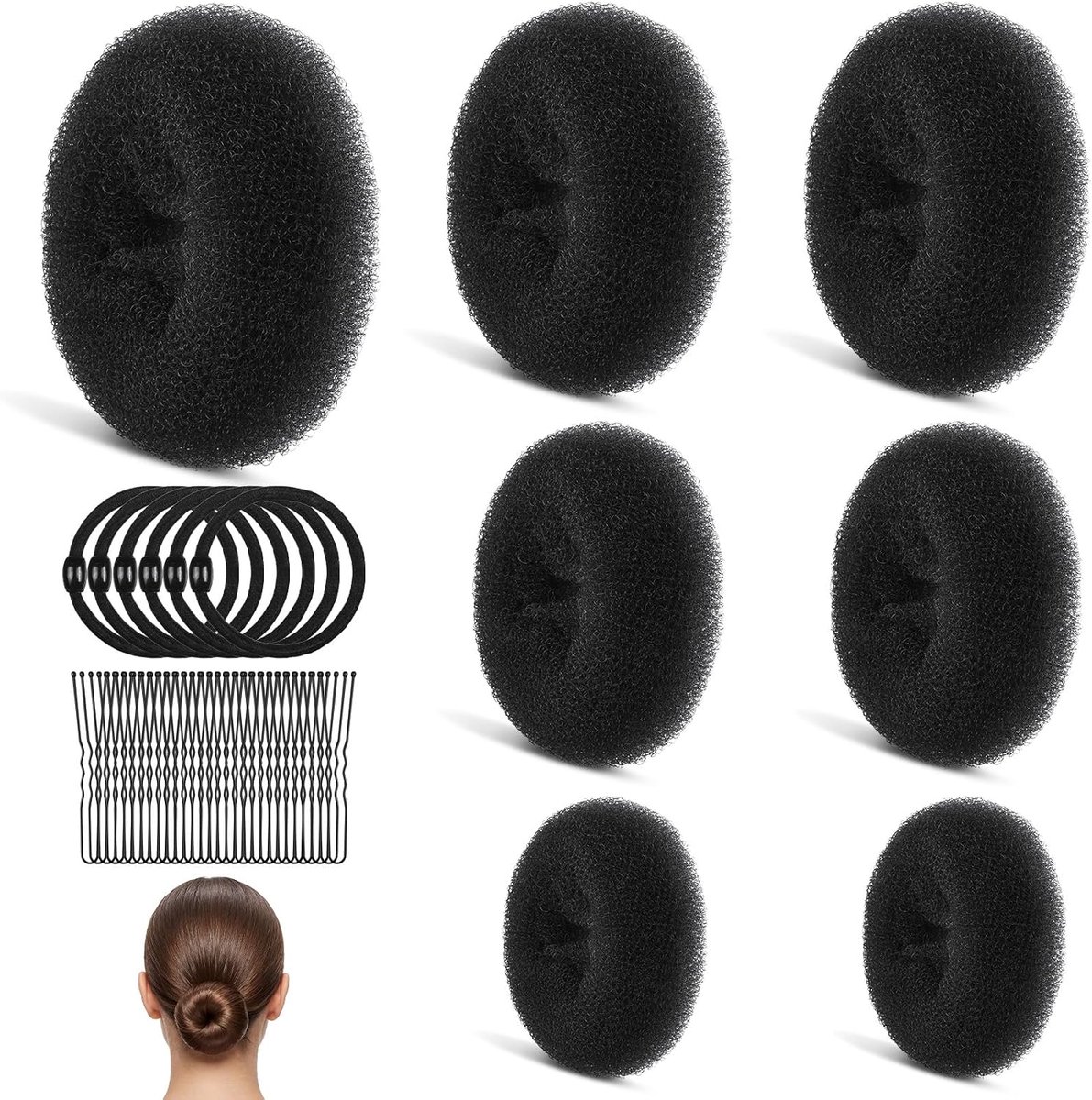 Donut Hair Bun Set, 4 stuks donut maker, knotkussen groot en klein met 30 U-vormige haarspelden + 6 haarelastiekjes, donut haaraccessoires voor kapsel dansers meisjes vrouwen (4 stuks zwart (2 x