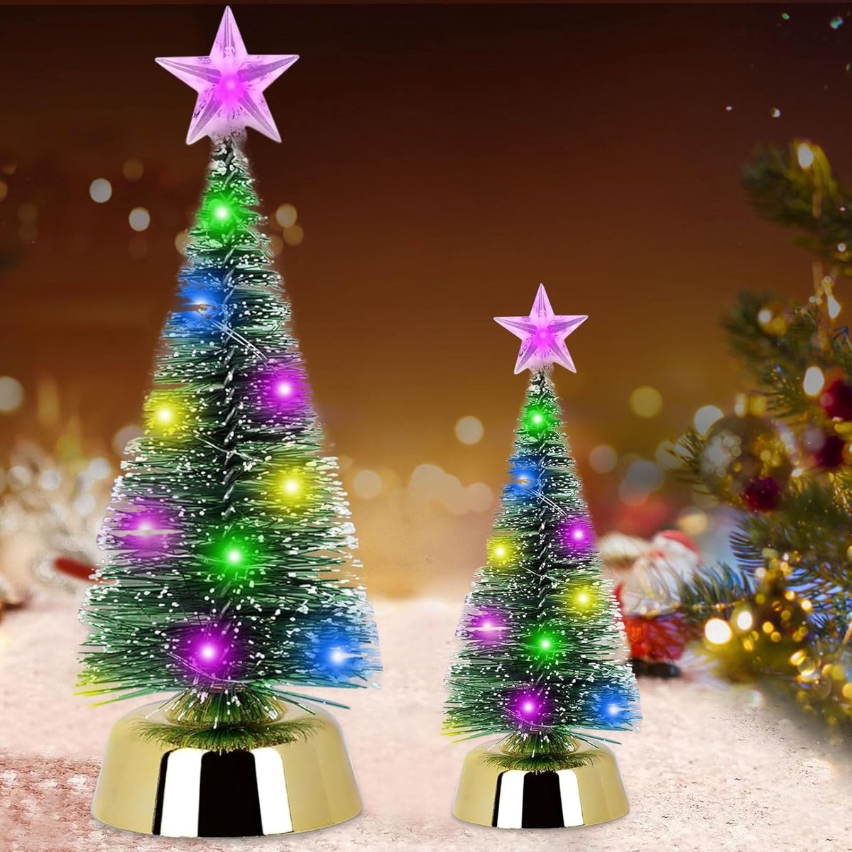2 stuks, groen, mini-dennenboom, decoratie, klein, led-kunstmatige dennenboom, sneeuweffect, Kerstmis, feest, knutselen, tafeldecoratie, 19 cm + 25 cm
