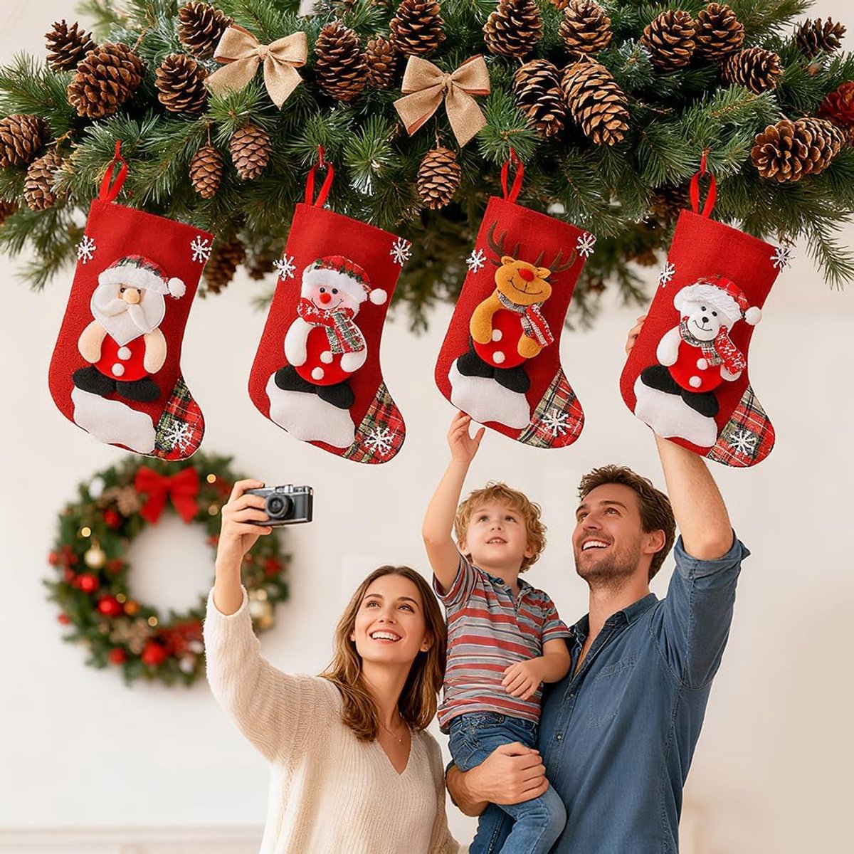 Kousenset, 4 stuks kerstkousen, sneeuwpop, rendier, 3D-kerstsokken voor open haard, vakantie, kerstfeestdecoraties