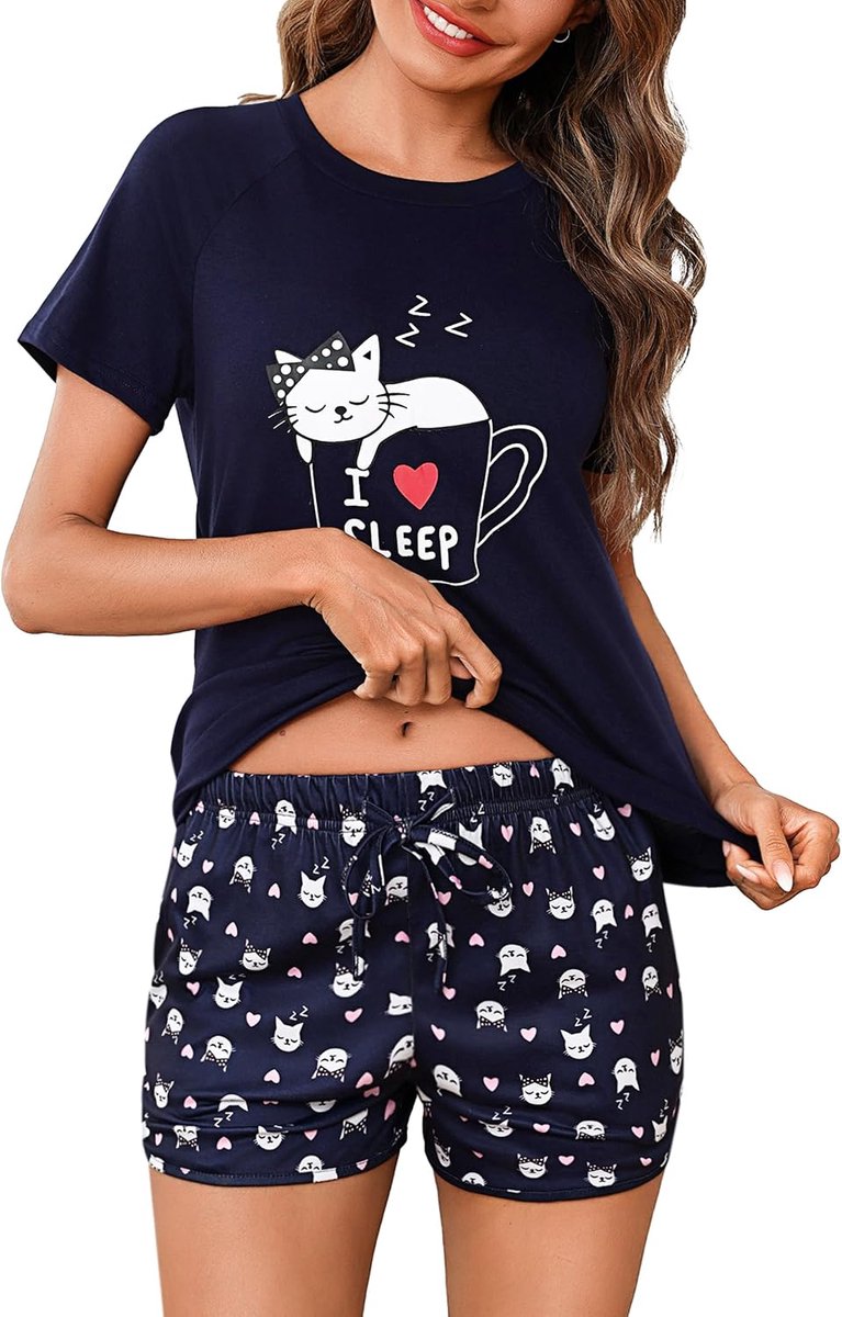 Damespyjama, katoen, shorts, zomer, korte mouwen, pyjamaset, kort, hartprint, nachtkleding, comfortabel, zacht, ademend