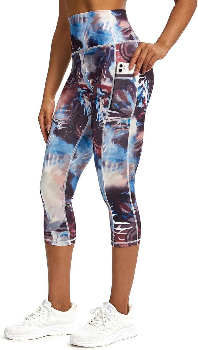 Sportlegging voor dames, 3/4 caprilegging met zakken, sportbroek voor dames, 3/4 ondoorzichtig, fitnessbroek, loopbroek voor dames