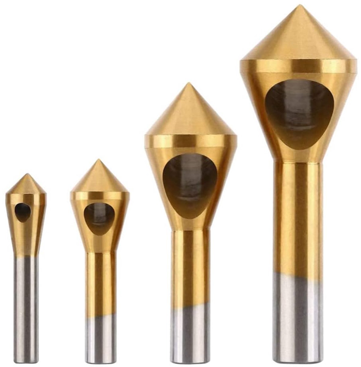 4 stuks Ontbraamfrees Afschuining Ontbraamgereedschap Titanium gecoat HSS Boor Conisch 90° Freesboor voor Aluminium, Hout en Kunststof