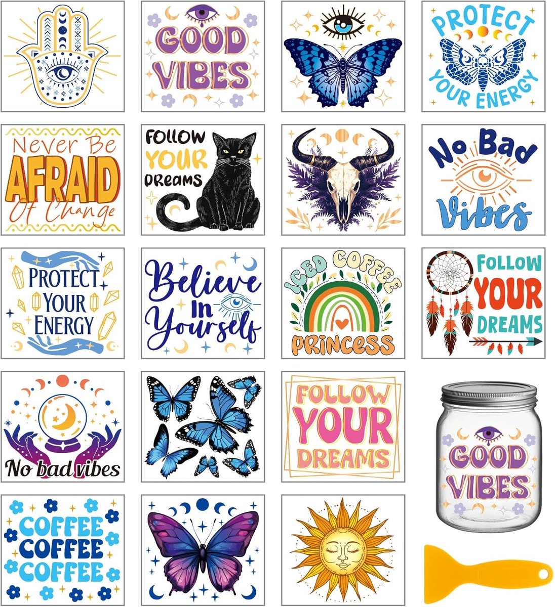 18 vellen Bohemian Devil'S Eye Rub On Transfer, 9 x 3,6 inch, kleurrijke vlinder, waarzeggering, vaas, thuisdecoratie, dromenvanger, beker, transferstickers voor meubels, vaas, glas, kunst,