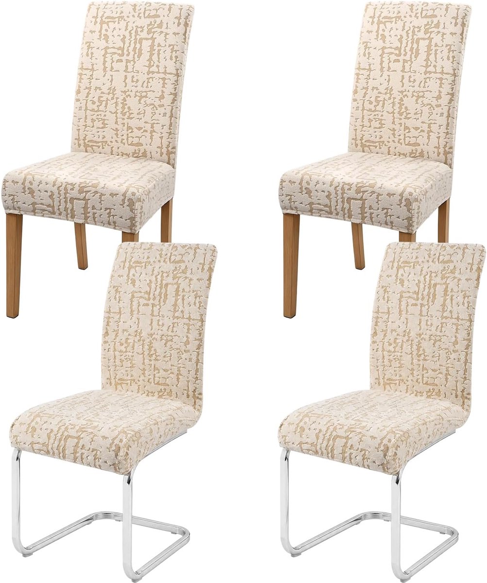 Universeel, stretch, laagpolig, schommelstoel, elastisch, afneembaar, jacquard, wasbare hoezen voor stoelen, voor eetkamer, hotel, banket (beige, 4 stuks)