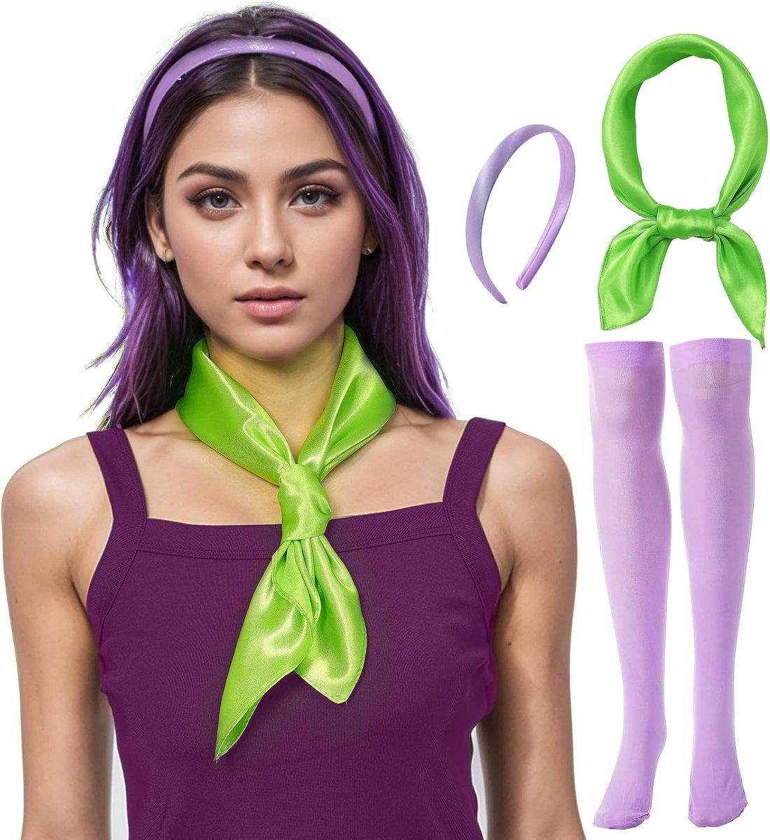 Carnavalskostuum voor dames, met hoofdband, paars, groene sjaal, carnaval, haarband, halsdoek, carnaval, kostuum meisjes, voor vrouwen, meisjes, cosplay, Halloween, carnavalskostuum,