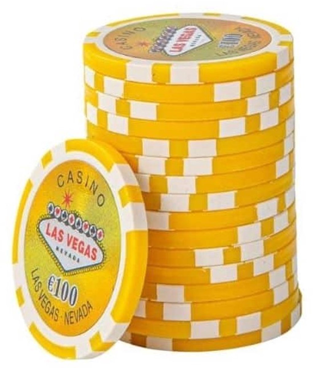 Las Vegas Poker Chips €100, - geel - (25 stuks) - pokerchips - pokerfiches - ABS chips - pokerspel - pokerset - poker set
