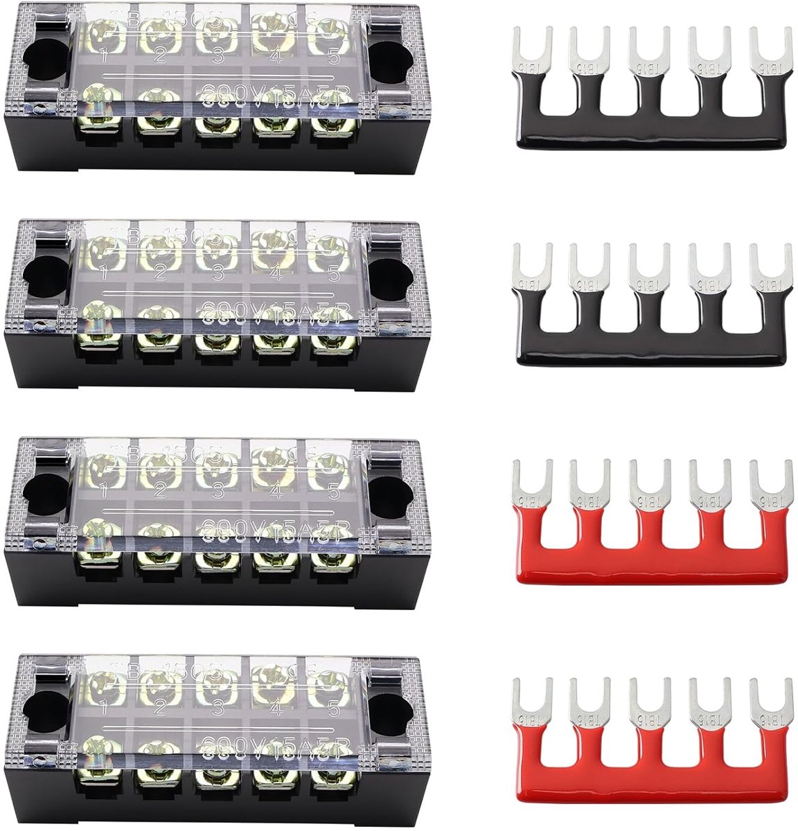 4 Stuks 5-Positie 600V 15A Dubbele Rij Schroefklemmenblok met 4 Stuks 5-Positie 400V 10A Voorgeïsoleerde Barrièreklemmenblokken, voor Industrie, Verlichting en Instrumentatie