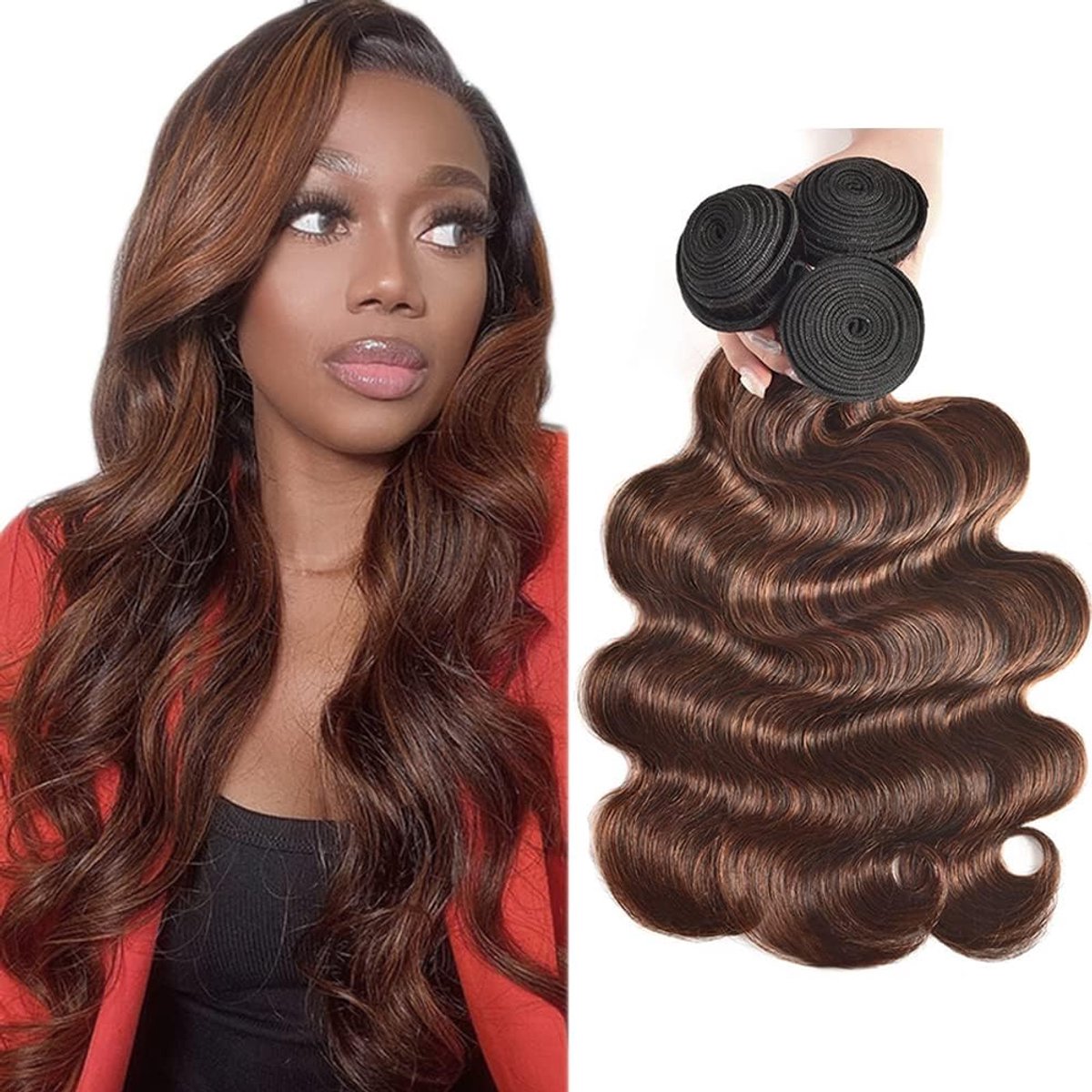 24 26 28 Inch Bundles Human Hair Extension Body Wave menselijk haar Bundles Unprocessed Brazilian Virgin Hair P4/30 Highlight Brown Minimal detachment For Women 3 Bundles Total 150g