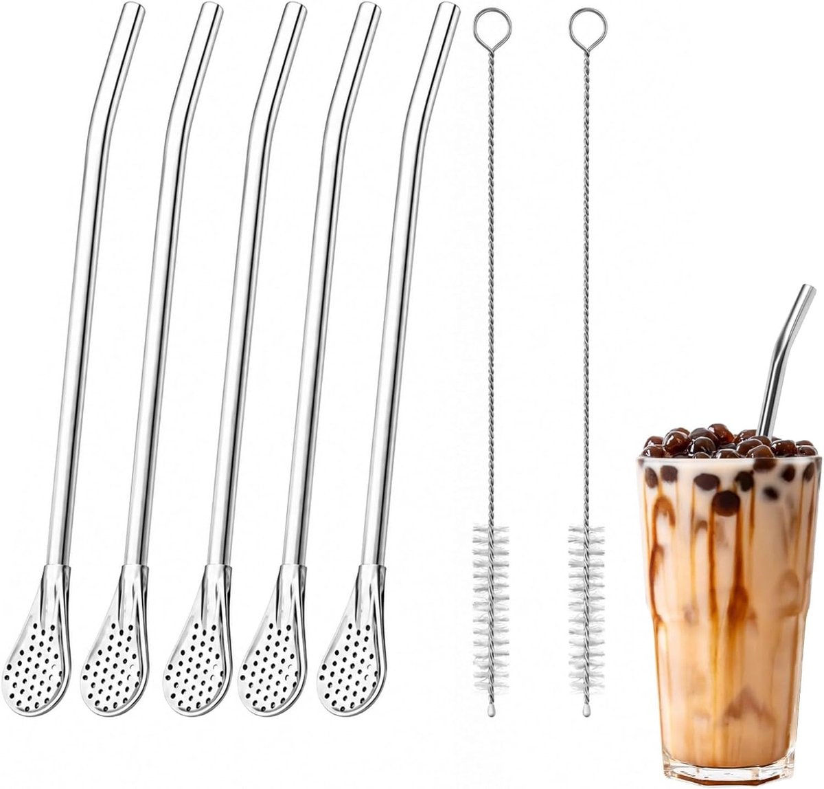 5 stuks slush rietjes met lepel van roestvrij staal, rietje met lepel voor smoothies, cocktails, milkshakes, duurzame rietjes voor feestjes, bioscoop en bevroren dranken, met reinigingsborstel