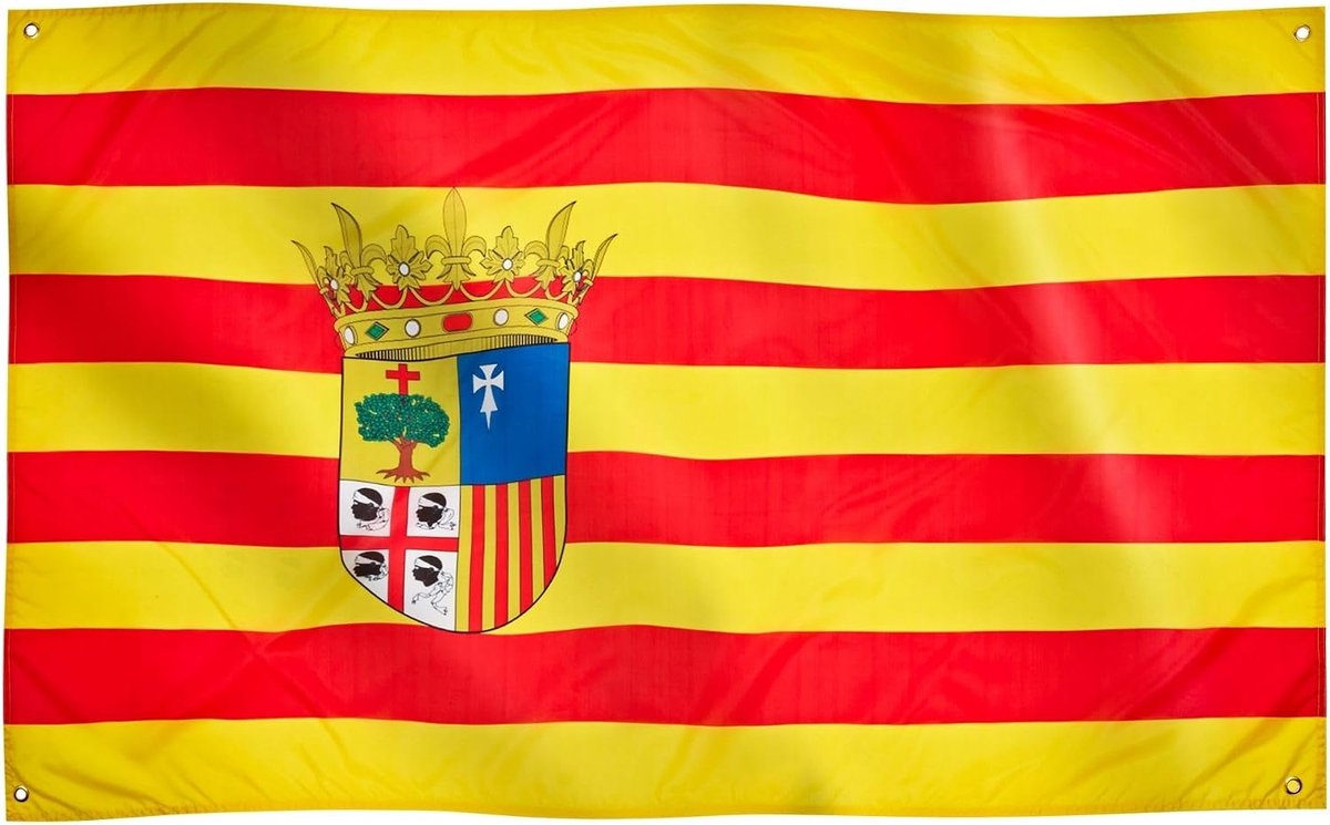 Aragon vlag, 91x152cm, 3ft x 5ft, Aragonese vlag, 4 ogen, oogje in elke hoek, La Cruz de San Jorge, Spanje, eersteklas vlaggen, binnen, buiten, levendige kleuren