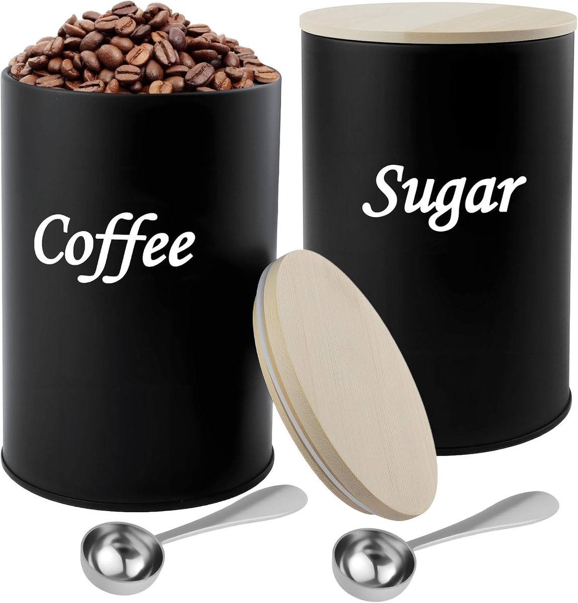 2 stuks koffieblik luchtdicht, zwarte koffiepads, opslag, met houten deksel, lepel, 500 ml, voor koffiebonen, koffiepoeder, suiker, thee, specerijen
