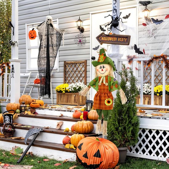 Oogst vogelverschrikker, decoratieve staander, vogelafweer, staande stropop, decoratiefiguur, tuinsteker, bloembed, bloembed, decoratie, figuur Halloween, decoratie voor herfst, Thanksgiving thuis en tuin — afbeelding 5