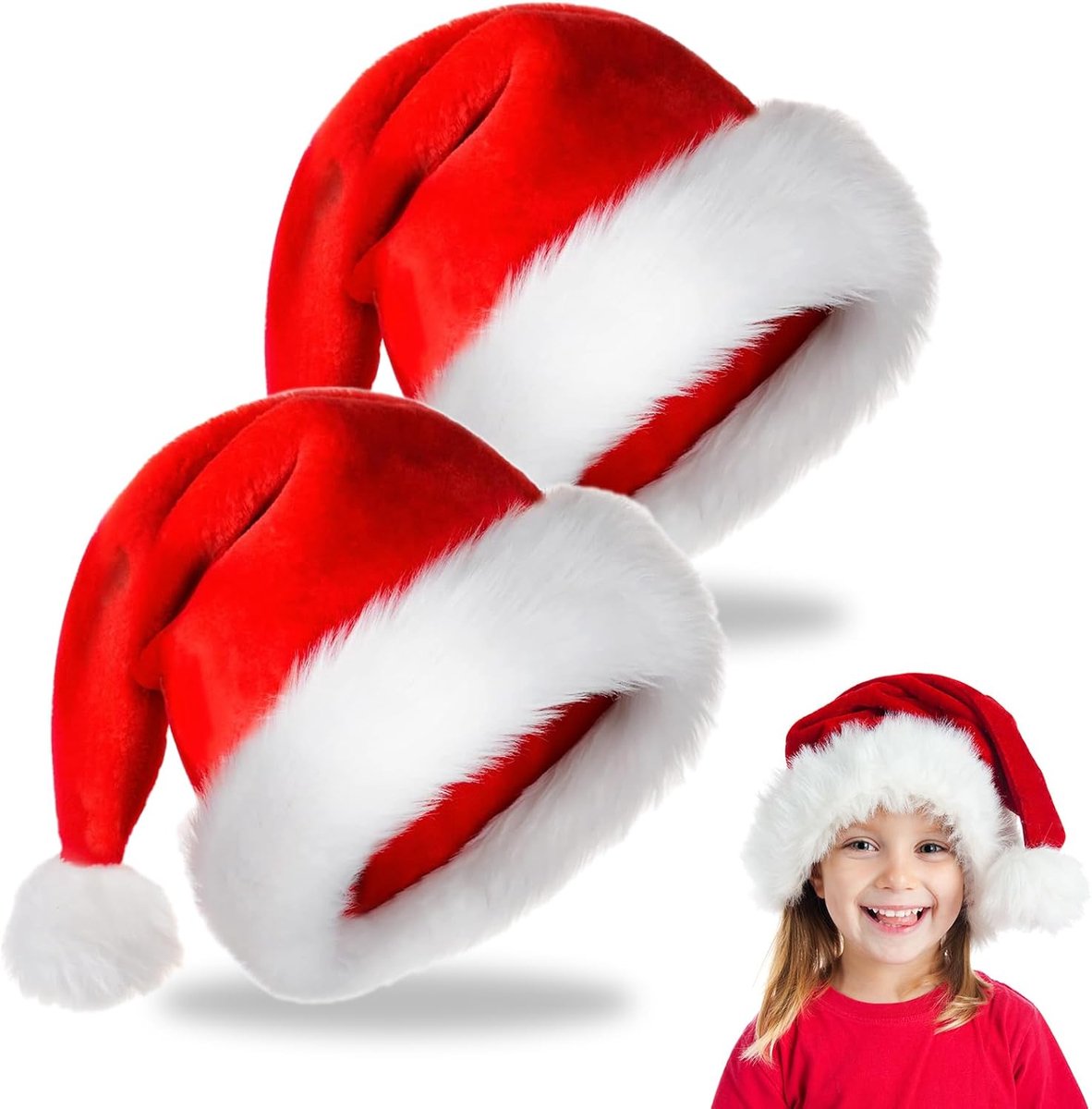 Kerstmuts voor kinderen, 2 stuks, kerstmuts voor volwassenen, pluche rand, warme dikke bontrand, rode kerstmanmuts voor volwassenen, voor heren/dames.