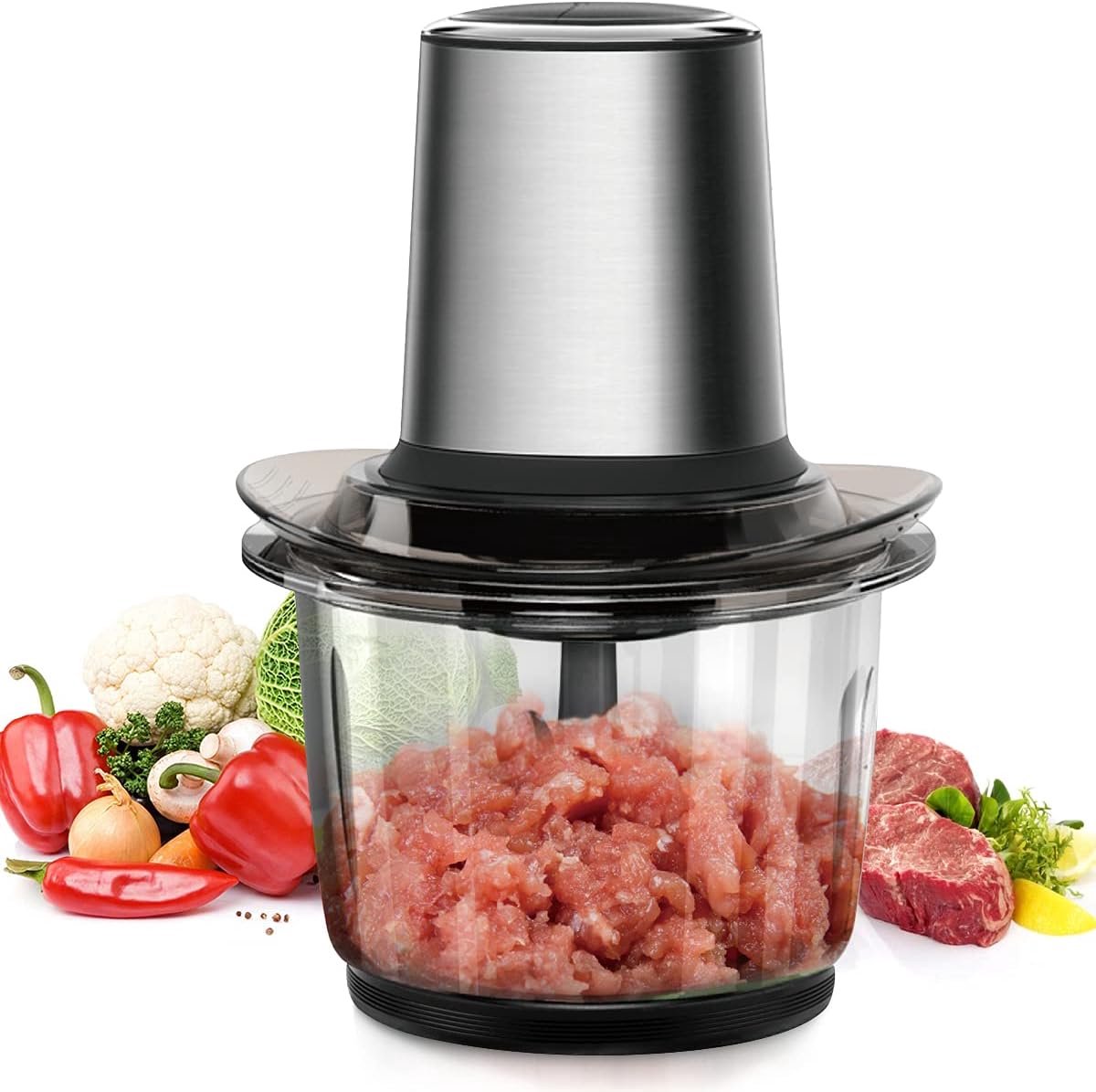 Hakmolen, elektrische multifunctionele hakmolen, 400 W, met glazen container van 1,5 liter, voedselverwerker, elektrische universele hakmolen, 2 snelheden voor vlees, fruit, groenten