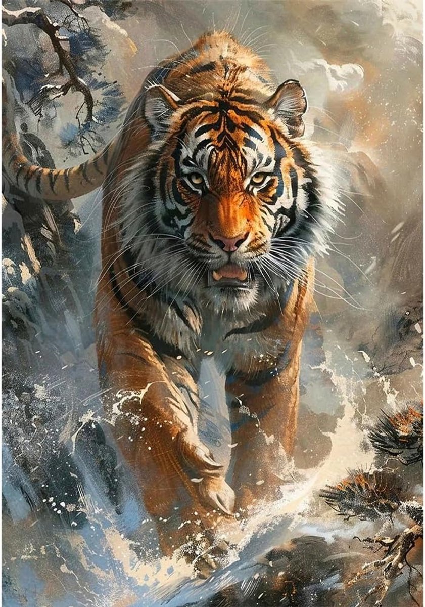 Diamond Painting Tijger, groot, 40 x 50 cm, dieren, tijger, 5D diamond painting, tijger op berg, starterset, sticker, schilderij, schilderen op nummer, kralen, foto's, knutselen, volwassenen