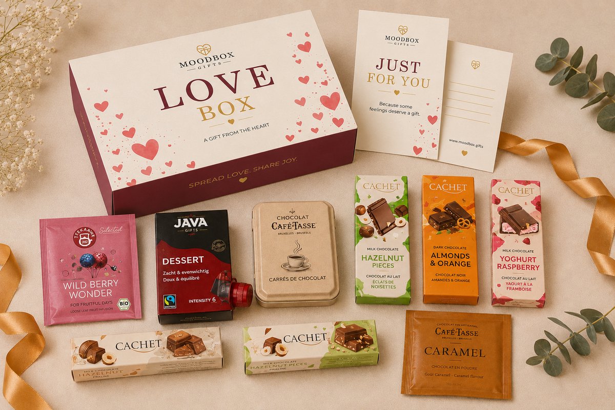 Luxe romantische cadeaubox – Belgische chocolade, koffie, thee & lekkernijen – Gepersonaliseerde wenskaart – Moodbox Gifts – Love Box Select