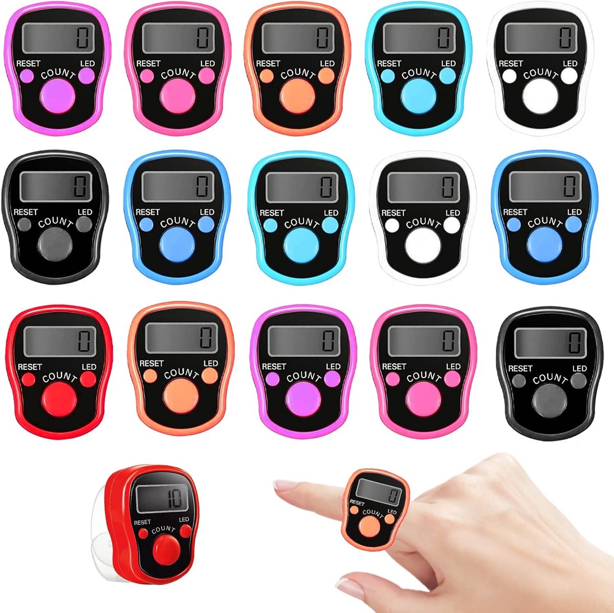 Vingerteller Rijteller Netteller Handteller: 15 stuks 5-cijferig display handteller, digitale vingerrteller met LED-licht, elektronische vingerrteller voor naaien, breien, weven, golf