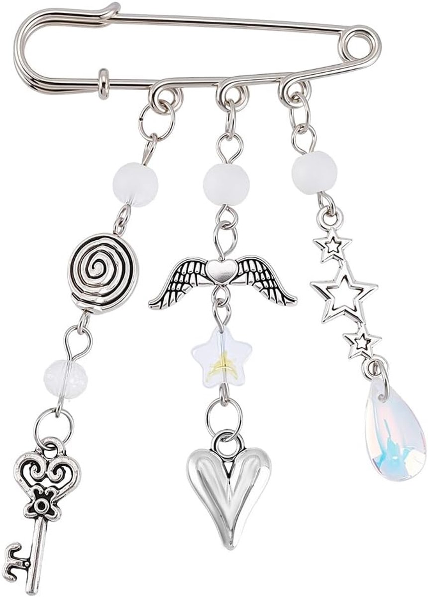 1 doos met decoratieve spelden, gothic-stijl, punk-hartketting, zilverlegering, gothic ster, engelenvleugels, sleutels, broches voor ketting, reversspelden, hanger voor kom