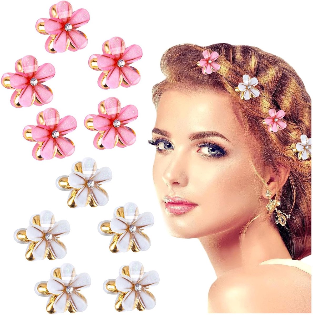 10 stuks kristallen bloem kleine koppeling haarclip, meisje mini haai clip haaraccessoires, mini diamant hoofdtooi sieraden (wit en roze)