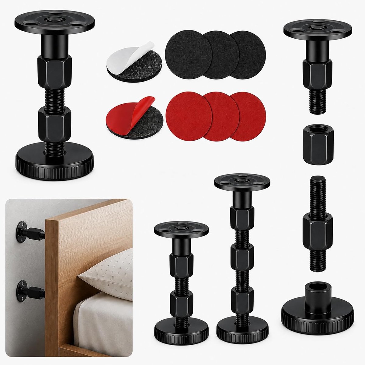 4 stuks verstelbaar bedframe, anti-schudden, stabilisator, 25-105 mm, wandafstandshouder tegen wiebelgeluid, voor bedden, banken, kasten, nachtkastjes
