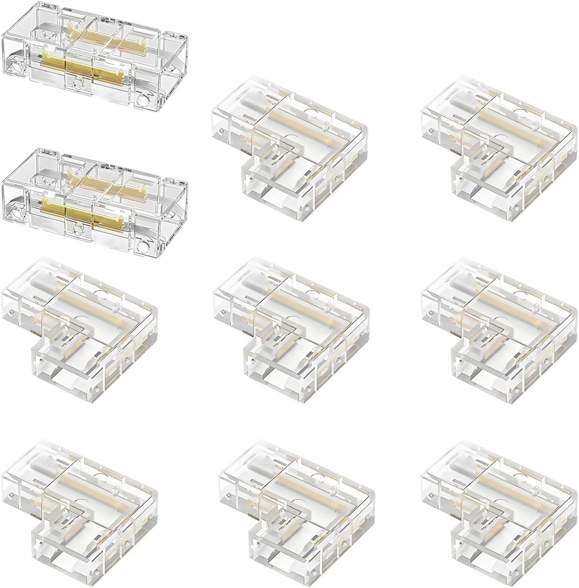 Ledstripconnector, 2 stuks, 2-polig, 8 mm breed, transparant, Gapless led-hoekverbindingen en 8 stuks L-vorm, snelverbinder, installatie zonder solderen, stripconnector voor COB 12 V/24 V