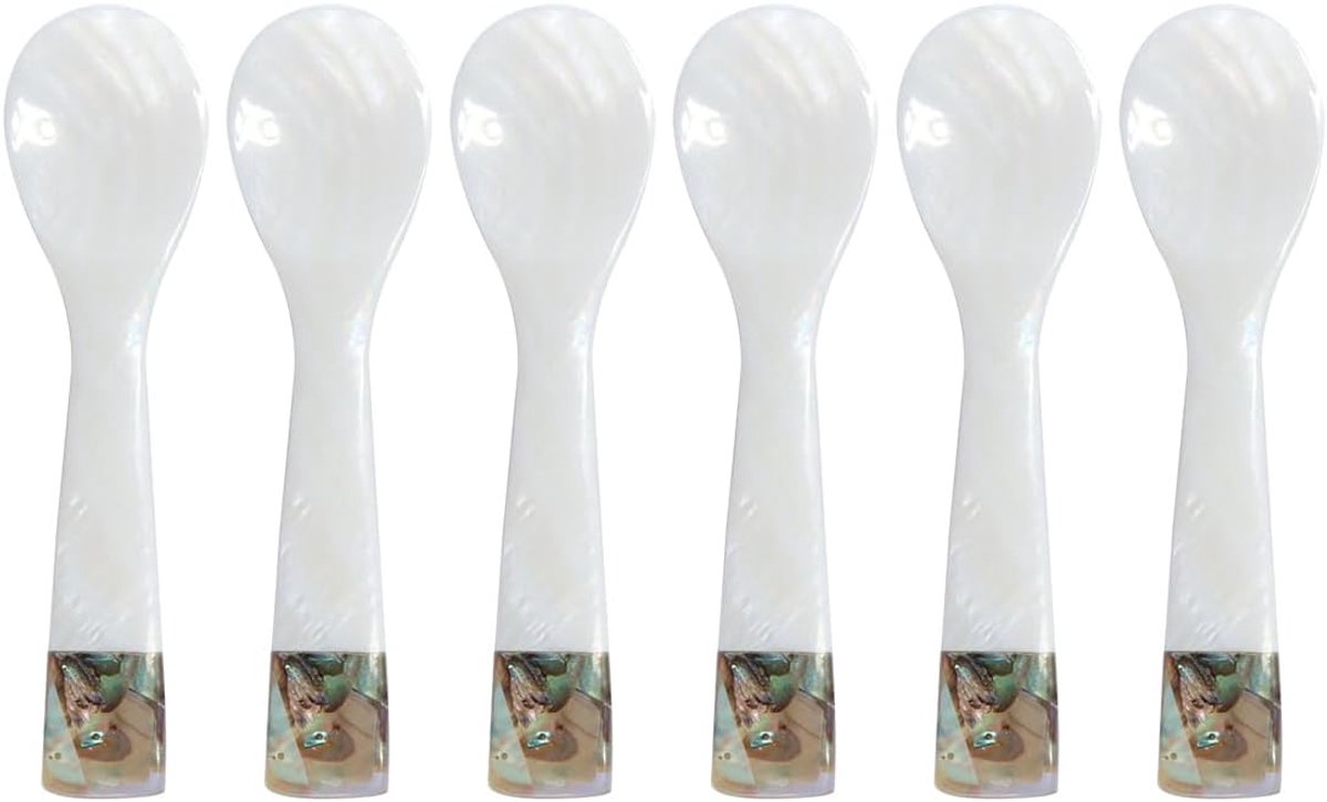 Kaviaarlepels met groene abalone-decoratie voor het serveren van kaviaar, ei, ijs en koffie (wit, 9x2,5 cm)