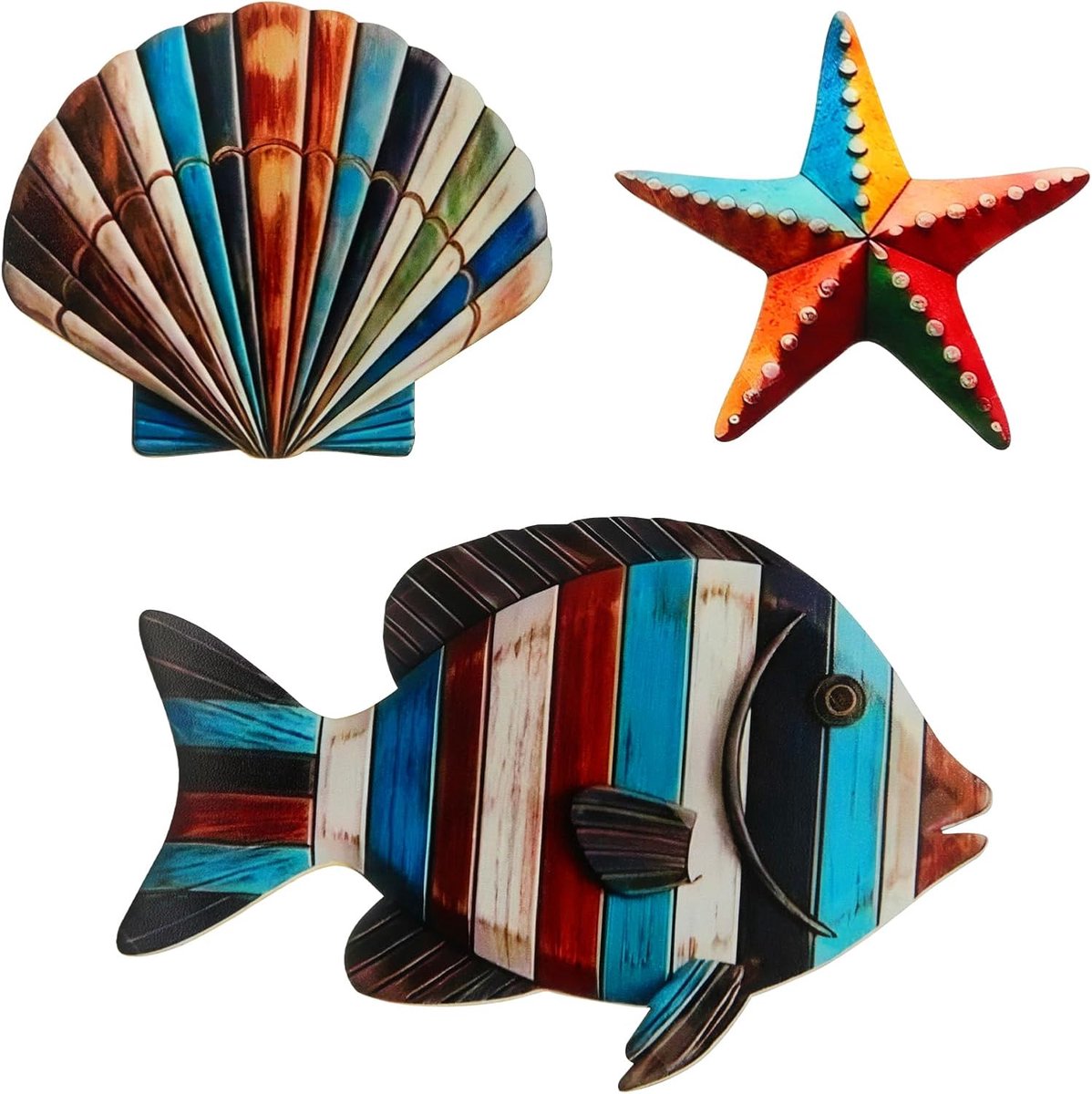 Vis muurdecoratie, 3 stuks houten strandthema schelp zeester vis opknoping ornament retro mediterrane stijl platte muur kust kunst geschenken voor thuis school cruiseschip badkamer slaapkamer