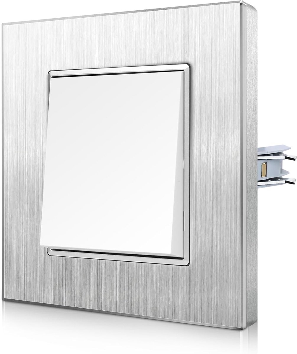 Aluminium wisselschakelaar met klem - lichtschakelaar onderput met aluminium frame - krasbestendige wip schakelaar - zilver inbouwschakelaar - 1-voudig 2-weg wandschakelaar