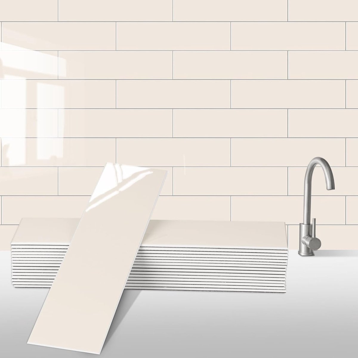 Schil en plak achterwand wandtegel voor keuken, 24 vellen metro zelfklevende PVC-moza茂ektegels decoratieve achterwand tegels plakken op badkamer (beige)