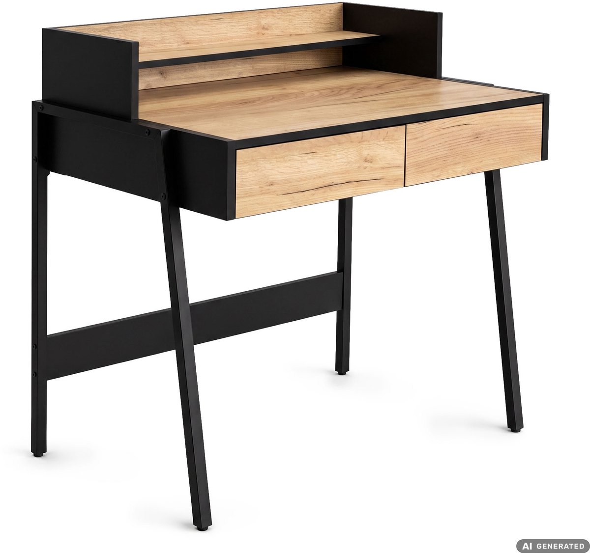Computertafel Bureau FLUX / Industrieel / Craft Eiken / 78 cm / 2 Lades / 1 Plank / Zwarte Poten
