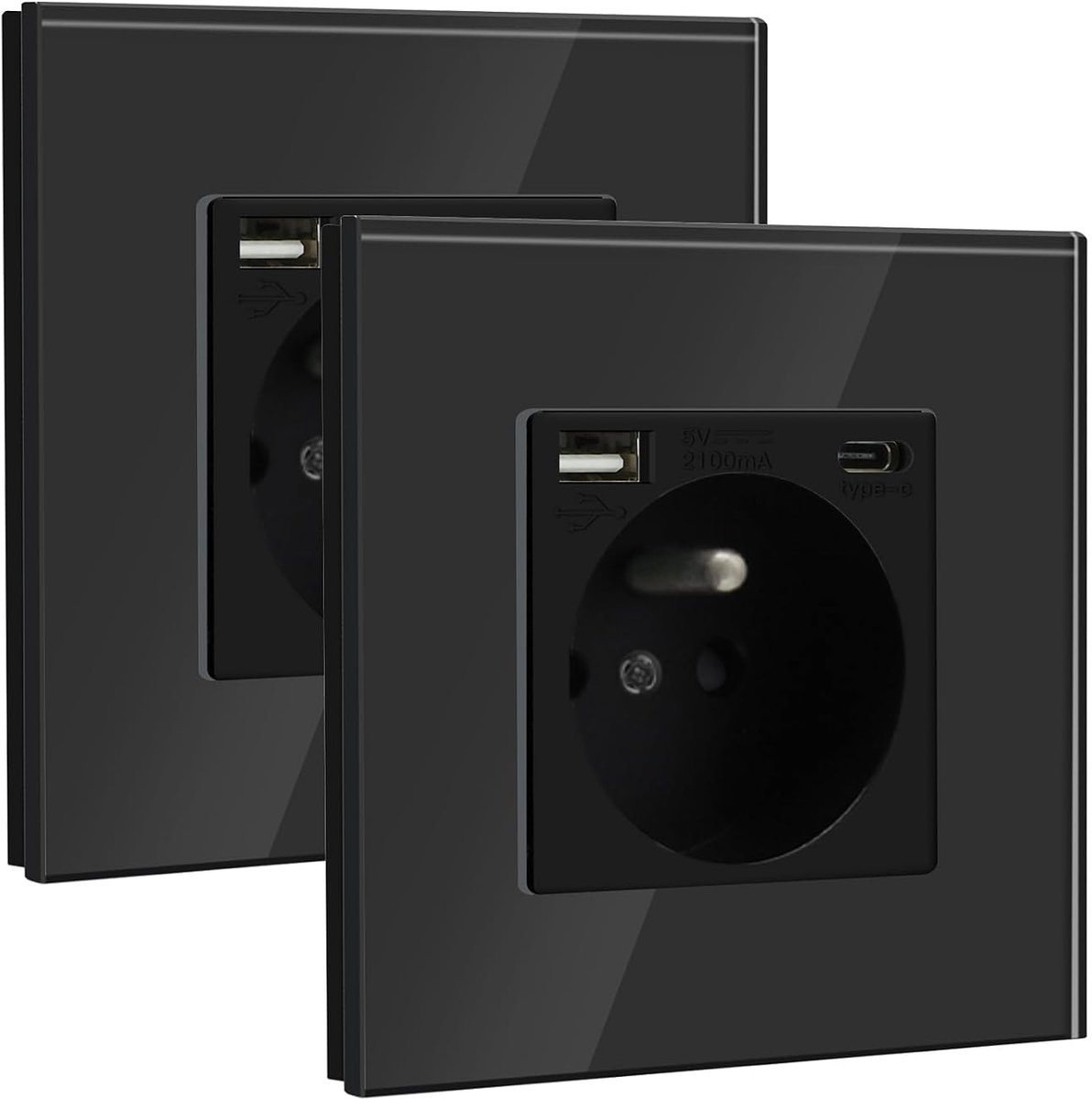 Wandcontactdoos met USB en 1 Type C,16A Wisselstroomcontactdoos met Glasplaat,Meervoudige Wandcontactdoos Max 2.1A,voor Smartphone,Tablet (2 Stuks met USB en Type C,Zwart)